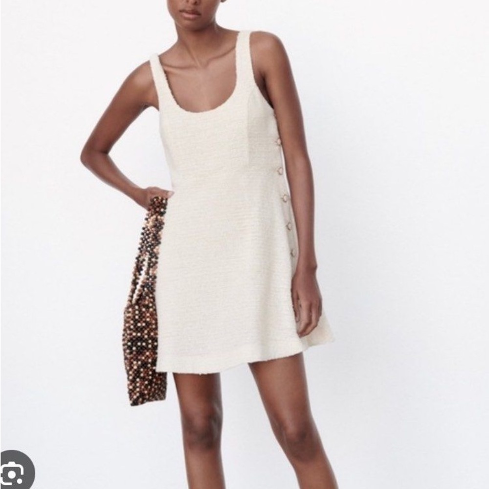 Zara White Sleeveless Scoop Neck Tweed Mini Dress